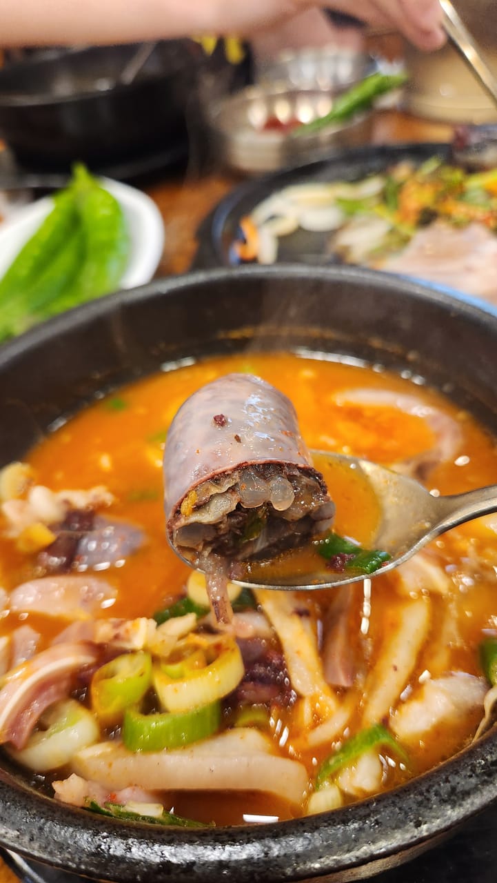 Close-up of glutinous-rice Korean blood sausage above spicy sundae gukbap