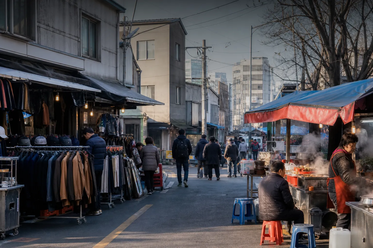 A Sindang and Dongmyo-inspired Seoul market street with vintage clothing and food stalls